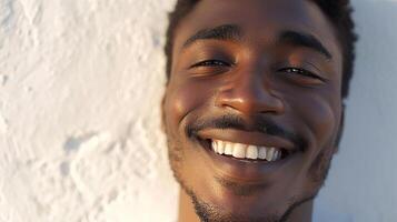 ai genererad närbild porträtt av leende afrikansk amerikan man mot vit vägg foto