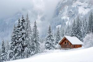 ai genererad vinter- scen med en enslig trä- stuga och snöig tall träd i de berg. foto