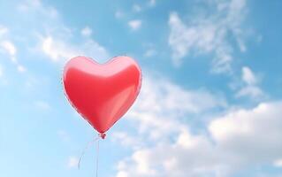 ai genererad röd hjärta ballong på blå himmel bakgrund. valentines dag begrepp. foto