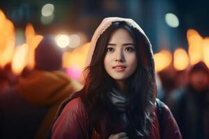 ai genererad porträtt av skön asiatisk kvinna i de stad gata på natt. foto