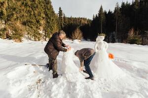 Lycklig senior vänner har roligt framställning en snögubbe tillsammans mot de bakgrund av en tall skog. vänner foto