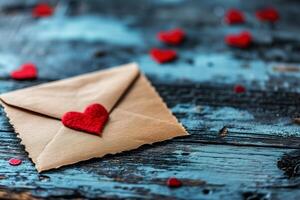 ai genererad rustik valentine kuvert på trä- hjärtan foto