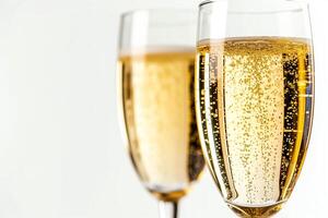 ai genererad bubblig champagne rostat bröd på vit bakgrund foto