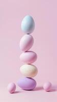 ai genererad pastell spräcklig påsk ägg konstfullt staplade foto
