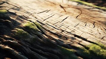 ai genererad solljus på mossiga riden trä textur foto