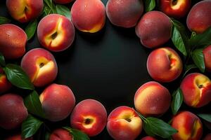 ai genererad färsk persikor med vatten droppar foto