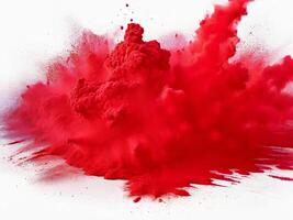 ai genererad ljus röd holi måla Färg pulver festival explosion brista isolerat vit bakgrund. industriell skriva ut begrepp bakgrund foto