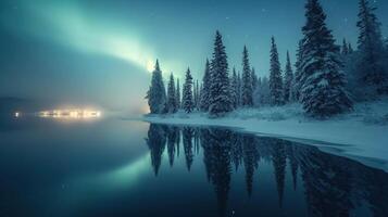 ai genererad en hisnande vinter- landskap på natt upplyst förbi de eterisk dansa av de nordlig lampor reflekterande på en lugna skog flod. foto