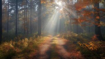 ai genererad dimmig morgon- i ett höst skog med solstrålar brytning genom de lång träd, belysande de gyllene lövverk och skog väg. foto