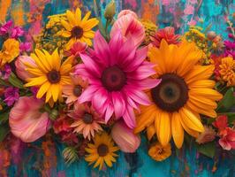 ai genererad en vibrerande bukett av blommor rosa, orange, gul, röd, och blå. detaljerad och visuellt fängslande, uttrycker vitalitet. foto