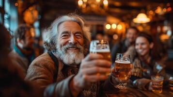 ai genererad en mysigt, traditionell irländsk pub med en grupp av vänner samlade in runt om, höjning deras glasögon för en rostat bröd. de scen är livlig, med rustik trä- interiörer och celtic musik foto