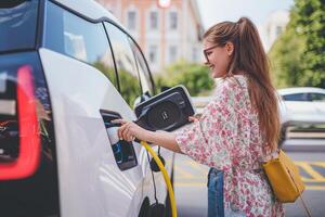 ai genererad kvinna använder sig av ev bil laddning station för avgift ev batteri. plugg för fordon med elektrisk motor. rena energi. laddning punkt på bil parkering massa. framtida transport teknologi modern bil. foto