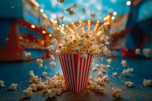 ai genererad utsökt popcorn explosion från en klassisk röd och vit randig kartong låda foto