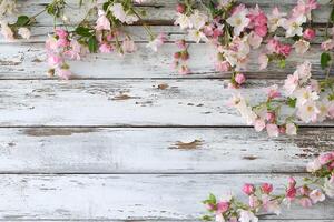 ai genererad sjaskig chic trä- textur med vår blommor på rätt till använda sig av som bakgrund foto