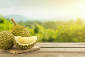 ai genererad färsk frukt Durian på trä golv tabell med Durian plantage bakgrund. kung av frukt i thailand. gyllene Durian frukt begrepp. foto