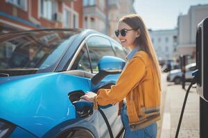 ai genererad kvinna använder sig av ev bil laddning station för avgift ev batteri. plugg för fordon med elektrisk motor. rena energi. laddning punkt på bil parkering massa. framtida transport teknologi modern bil. foto