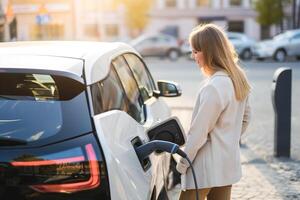 ai genererad kvinna använder sig av ev bil laddning station för avgift ev batteri. plugg för fordon med elektrisk motor. rena energi. laddning punkt på bil parkering massa. framtida transport teknologi modern bil. foto