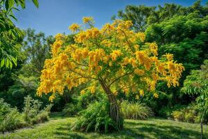ai genererad en mimosa träd i full blomma, dess grenar lastad med fluffig gul blommor och rik grön lövverk, uppsättning i en lugn trädgård miljö, symboliserar glädje och förnyelse, ljus och livlig foto