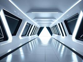 ai genererad lång ljus korridor modern vit bakgrund trogen sci fi triangel tunnel foto