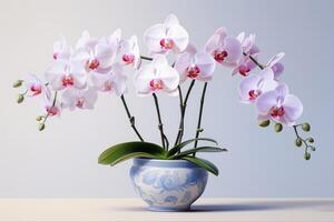 ai genererad rosa orkide i en vit blomkruka på vit bakgrund. foto