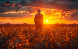 ai genererad person stående i fält på solnedgång, ensamhet, natur, skönhet, lugn, lugn foto