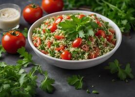 ai genererad Taboulé sallad med couscous, tomater och persilja. en uppfriskande mitten östra sallad foto