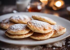 ai genererad stack av poffertjes en traditionell dutch pannkaka med socker pulver foto