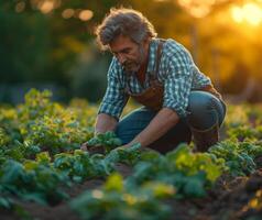 ai genererad senior jordbrukare granskning hans sallad växter i de fält. man knästående på en bruka och plantering grönsaker foto