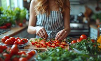 ai genererad kvinna skärande tomater på skärande styrelse, förberedelse för en färsk måltid foto