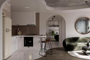 kreativ sammansättning av levande rum med soffa och kök saker i modern lägenhet. foto