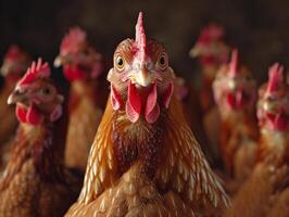 ai genererad en stor grupp av kycklingar stående. en Foto fångande en livlig grupp av kycklingar stående sida förbi sida, visa upp deras unik fjädrar och personligheter.