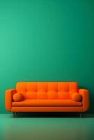 ai genererad minimalistisk orange soffa i en grön interiör. ai genererad foto