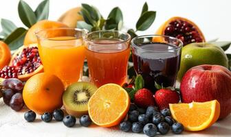 ai genererad blandad frukt och juicer på tabell. en tabell Utsmyckad med en färgrik sortiment av färsk frukt och uppfriskande juicer. foto