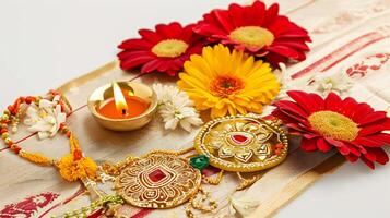 ai genererad traditionell indisk puja uppstart med färgrik blommor och diya foto