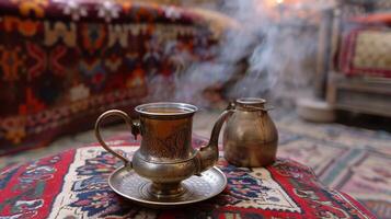 ai genererad arabicum kaffe pott och kopp på mönstrad textil- foto