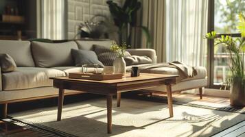 ai genererad solig modern levande rum med bekväm soffa och tabell foto