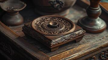 ai genererad antik ristade trä- låda på rustik tabell foto
