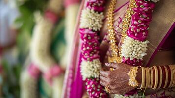 ai genererad elegant brud- hand Utsmyckad med guld och blommor foto