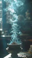 ai genererad invecklad rökelse brännare emitterande virvlar av blå rök foto