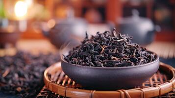 ai genererad hantverkare svart te i en handgjord skål foto
