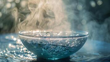 ai genererad ånga stigande lugnt från en blåglaserad keramisk skål foto