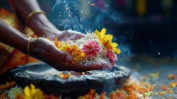 ai genererad vibrerande blomma offer i en ritual ceremoni med rök foto