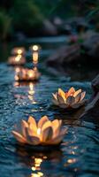 ai genererad lugn vattenväg Utsmyckad med lysande lotus lyktor foto