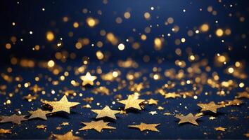 ai genererad abstrakt partikel bakgrund med gyllene gnistrande och lysande guld stjärnor. jul glöd på bokeh bakgrund. guld folie textur bakgrund. foto
