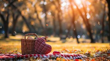 ai genererad firande stil av valentine dag picknick i grön trädgård foto