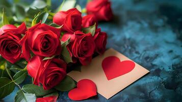 ai genererad romantisk röd ro med hjärtformade kort för hjärtans dag foto