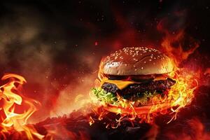 ai genererad demonisk cheesburger Helvete i flamma bakgrund foto