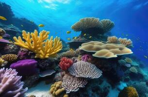 ai genererad värld vilda djur och växter dag, levande under vattnet fotografi, korall rev, färgrik fisk, hav golv, hav dykning foto