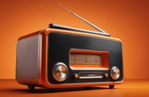 ai genererad värld amatör radio dag, internationell media dag, gammal radio, retro radio, orange bakgrund foto