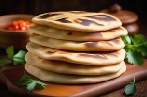 ai genererad internationell dag av nowruz, traditionell iranian och turkisk kök, stack av nationell uzbekiska tortillas, traditionell bakverk foto